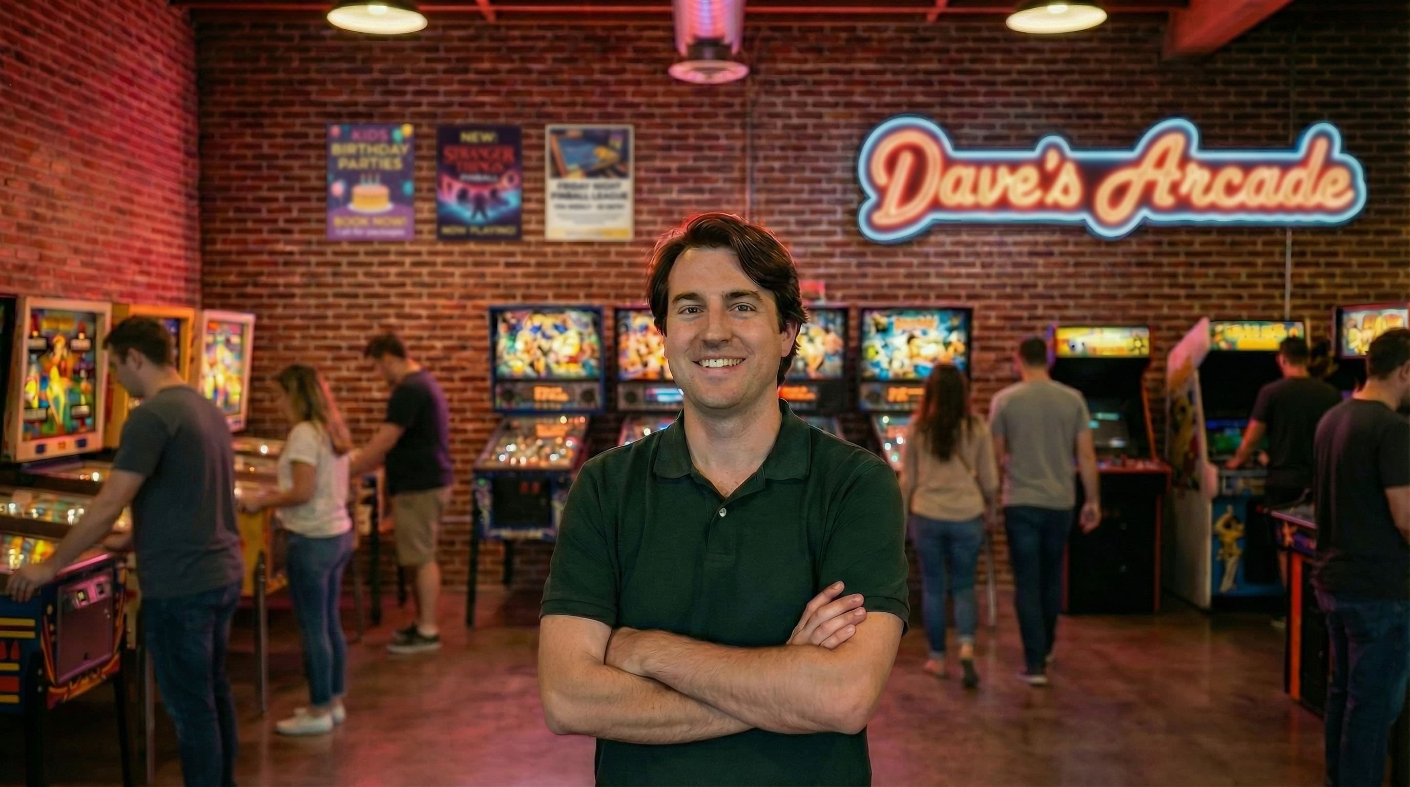 Small business owner standing proudly in Dave's Arcade, surrounded by pinball machines
