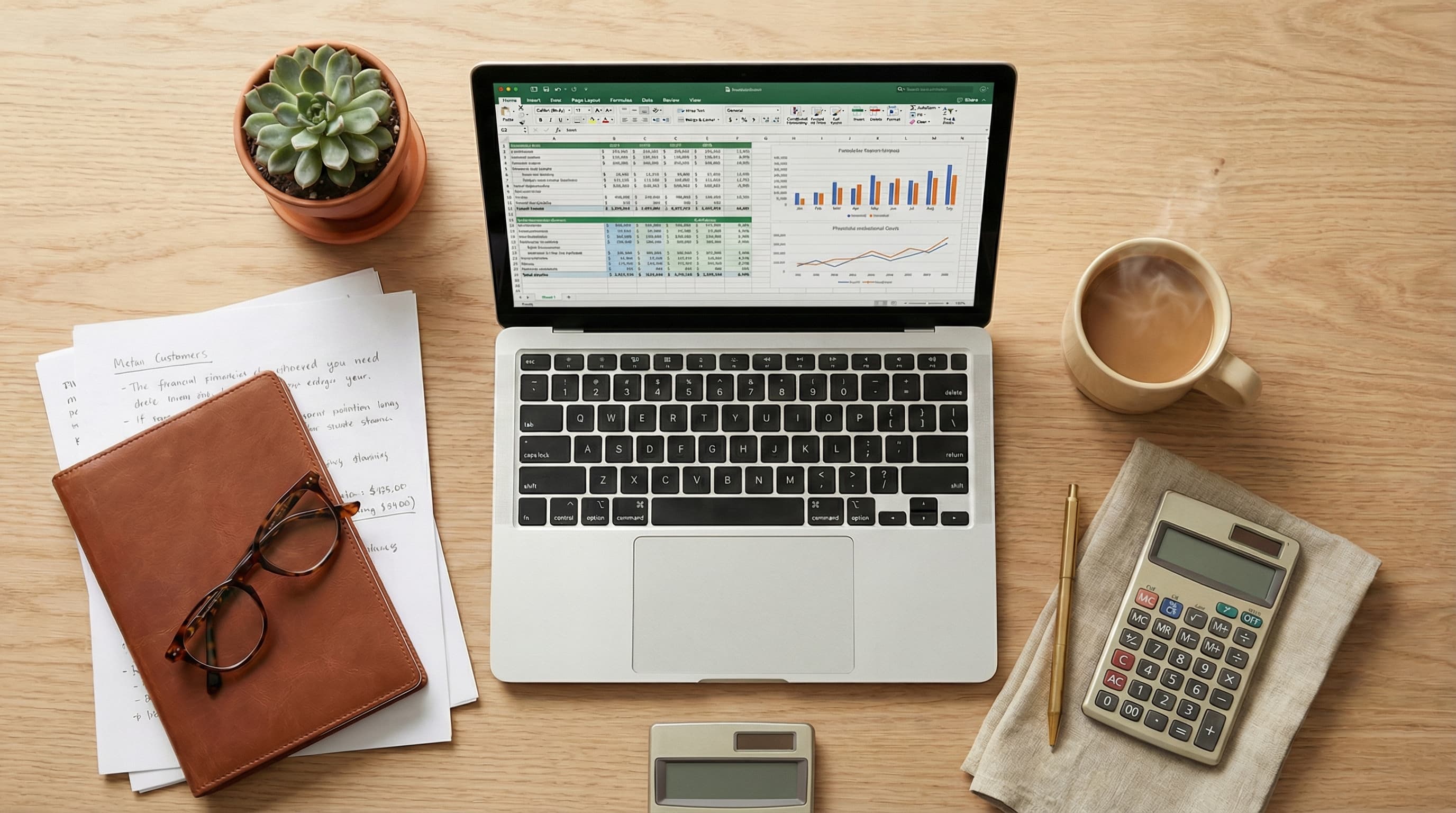 Organized workspace with financial documents and coffee
